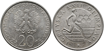 Польша 20 злотых 1980 MW, XXII летние Олимпийские Игры, Москва 1980, бегун KM 108, Parchimowicz 252 медно-никель UNC 441-921