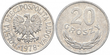 ПОЛЬША 20 ГРОШЕЙ 1978 MW KM А47 алюминий 4516-541