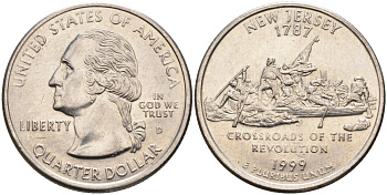 США 25 центов = квотер 1999 D, серия штаты США, Нью-Джерси KM 295 медь плакированная медно-никелем 4586-112