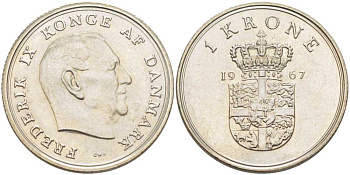 ДАНИЯ 1 КРОНА 1967 C;S, ФРЕДЕРИК IX (1947-1972) KM 851.1 медно-никель 202-815