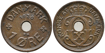 ДАНИЯ 1 ЭРЕ 1930 N; GJ, КРИСТИАН X (1912-1947) KM 826.2 бронза 100-642