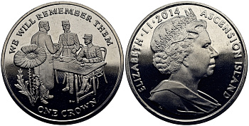 Остров Вознесения 1 крона 2014 в память героев первой мировой войны, допрос KM NEW медно-никель UNC M90-15