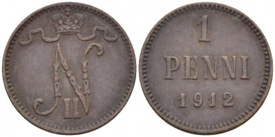 Россия для Финляндии 1 пенни 1912 Николай II (1894-1917) KM 13, Биткин 472 медь 4396-1363