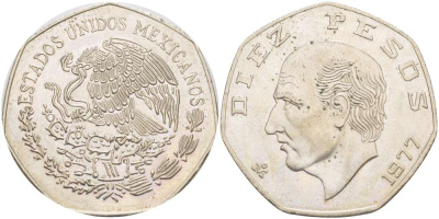 МЕКСИКА 10 ПЕСО 1977 МАНУЭЛЬ ХИДАЛЬГО КАСТИЛЬЯ KM 477.1 медно-никель 4521-223