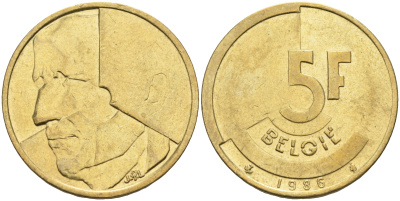 БЕЛЬГИЯ 5 ФРАНКОВ 1986 BELGIE KM 164 латунь или алюминиевая бронза 4589-815