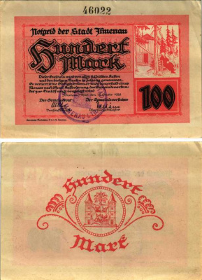 ИЛЬМЕНАУ 100 МАРОК 1922 НОТГЕЛЬД, 13 ОКТЯБРЯ 1922, ЗЕМЛЯ ТЮРИНГИЯ, НОМЕР 5 ММ., ДВУСТОРОННЯЯ Muller 2190.1b бумага 6300-35-1-2