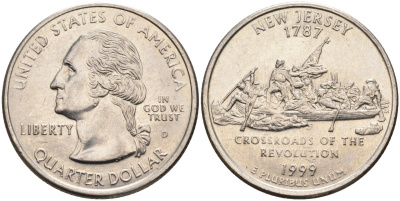 США 25 центов = квотер 1999 D, серия штаты США, Нью-Джерси KM 295 медь плакированная медно-никелем 4586-112