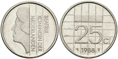 НИДЕРЛАНДЫ 25 ЦЕНТОВ 1988 БЕАТРИКС KM 204 никель 96-319