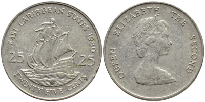 Восточно-Карибские штаты 25 центов 1989 Елизавета II (1952-2022), парусник KM 14 медно-никель 85-233