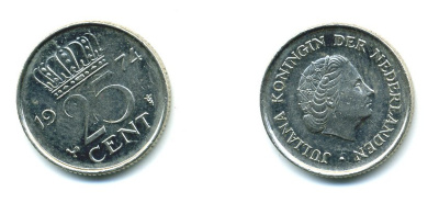 НИДЕРЛАНДЫ 25 ЦЕНТОВ 1974 ЮЛИАНА KM 183 никель 76-523