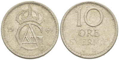 Швеция 10 эре 1969 U Густав VI Адольф (1950-1973) KM 835 медно-никель 3955-327