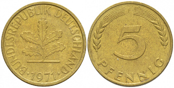 ФРГ 5 ПФЕННИГОВ 1971 F KM 107, J. 382 сталь плакированная латунью 3996-1143