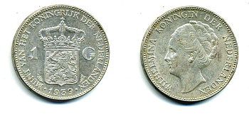 Нидерланды 1 гульден 1939 Вильгельмина (1890-1948) KM 161.1 серебро 4385-933