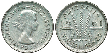 Австралия 3 пенса 1961 m, Елизавета II (1952-2022) KM 57 серебро 71-737