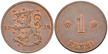 ФИНЛЯНДИЯ 1 ПЕННИ 1919 РЕСПУБЛИКА, ПЕРВЫЙ ГОД KM 23 медь 187-555