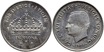 Швеция 1 крона 2007 Карл XVI Густав (1973- ) KM 894 медно-никель 176-144