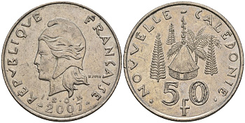 Французская Новая Каледония 50 франков 2007 хижина среди сосен и пальм, (IEOM) KM 13a, Schoen 15a, Lec 128i медно-никель 4111-241