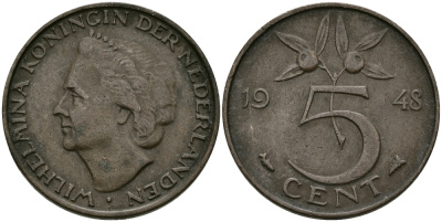 НИДЕРЛАНДЫ 5 ЦЕНТОВ 1948 ВИЛЬГЕЛЬМИНА KM 176 бронза 95-233