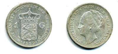Нидерланды 1 гульден 1939 Вильгельмина (1890-1948) KM 161.1 серебро 4385-933