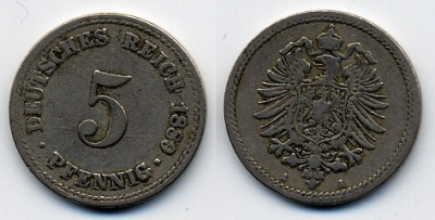 ГЕРМАНИЯ 5 ПФЕННИГОВ 1889 A, СТАРОГЕРБОВКА KM 3, J.3 медно-никель 51-5045