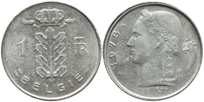 Бельгия 1 франк 1975 Belgie, Бодуэн I (1951-1993) KM 143.1 медно-никель 4381-545