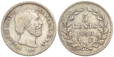 Нидерланды 5 центов 1850 Виллем III (1849-1890), точка после даты KM 91 серебро 4532-1147