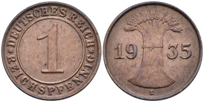 ГЕРМАНИЯ 1 РЕЙХСПФЕННИГ 1935 E KM 37, J. 313, Weege 2 бронза 4547-219