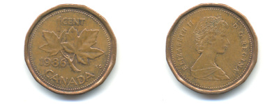Канада 1 цент 1986 Елизавета II (1952-2022), кленовый лист KM 132 бронза 177-1416