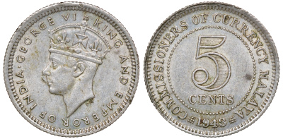 Британская Малайя 5 центов 1943 Георг VI (1937-1952) KM 3a серебро 53-134
