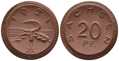 Саксония 20 пфеннигов 1921 колосья и серп J. N 53 фарфор UNC 1094-8-31