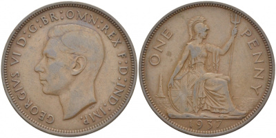 Великобритания 1 пенни 1937 Георг VI (1936-1952) KM 845, Spink 4114 бронза 3996-144