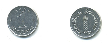 ФРАНЦИЯ 1 САНТИМ 1964 KM 928 хромированная сталь 84-1517