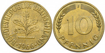 ФРГ 10 ПФЕННИГОВ 1966 J KM 108, J. 383 сталь плакированная латунью 3856-224