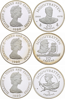 Теркс и Кайкос набор из трех монет, 5, 10, 20 крон 1980 лорд Маунтбеттен (1900-1979), последний вице-король Индии KM 47, 48, 49 серебро PROOF 11-178-33