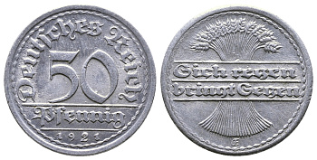 ГЕРМАНИЯ 50 ПФЕННИГОВ 1921 FC KM 27, J. 301 алюминий 4380-852