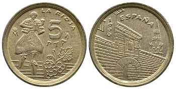 Испания 5 песет 1996 Хуан Карлос I (1975-2014), Риоха (La Rioja) KM 960 алюминиевая бронза 179-1012