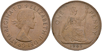 Великобритания 1 пенни 1963 Елизавета II (1952-2022) KM 897, Spink 4157 бронза 4572-946