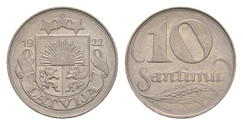 Латвия 10 сантимов 1922 год-тип KM 4 никель 4658-1225