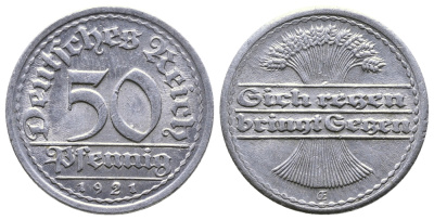 ГЕРМАНИЯ 50 ПФЕННИГОВ 1921 FC KM 27, J. 301 алюминий 4380-852