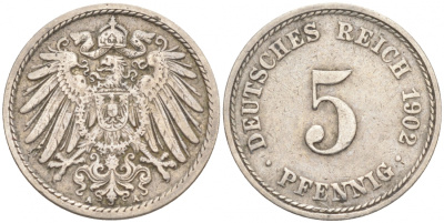 ГЕРМАНИЯ 5 ПФЕННИГОВ 1902 A, KM 11, J. 12 медно-никель 73-1561