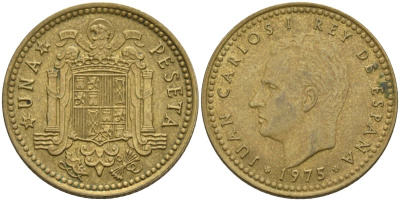 Испания 1 песета 1975 (76) Хуан Карлос I (1975-2014) KM 806 алюминиевая бронза 4604-152