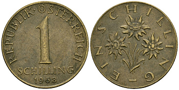 Австрия 1 шиллинг 1968 KM 2886 алюминиевая бронза 4135-155
