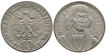 ПОЛЬША 10 ЗЛОТЫХ 1959 НИКОЛАЙ КОПЕРНИК KM 51 медно-никель 3334-323