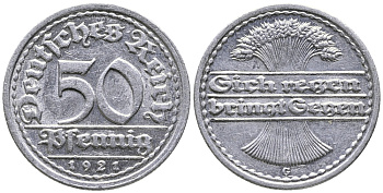 ГЕРМАНИЯ 50 ПФЕННИГОВ 1921 G KM 27, J. 301 алюминий 24-953