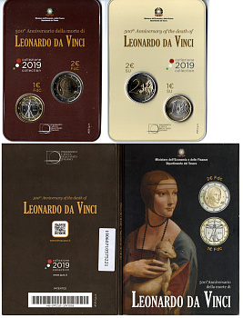 Италия набор из 2 монет (1 и 2 евро) 2019 500 лет со дня смерти Леонардо да Винчи, в оригинальном буклете KM 250 и 426 биметалл BU 8-2-01-54