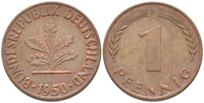 ФРГ 1 ПФЕННИГ 1950 D KM 105, J. 380 сталь плакированная медью 116-347