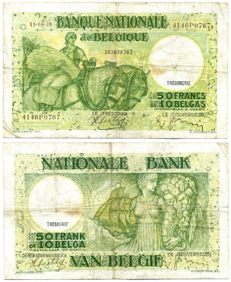 Бельгия 50 франков = 10 бельгас  1938 11 ИЮНЯ 1938 Pick 106 бумага 7486-62-2-2
