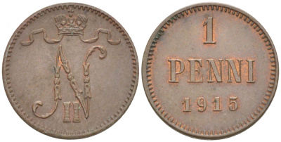 РОССИЯ ДЛЯ ФИНЛЯНДИИ 1 ПЕННИ 1915 НИКОЛАЙ II KM 13, Биткин 475 медь 4396-1467