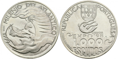 Португалия 1000 эскудо 1999 1000 лет плаванию по Атлантике, EXPO 98 KM 721 серебро UNC 3896-231