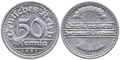 ГЕРМАНИЯ 50 ПФЕННИГОВ 1921 G KM 27, J. 301 алюминий 24-953